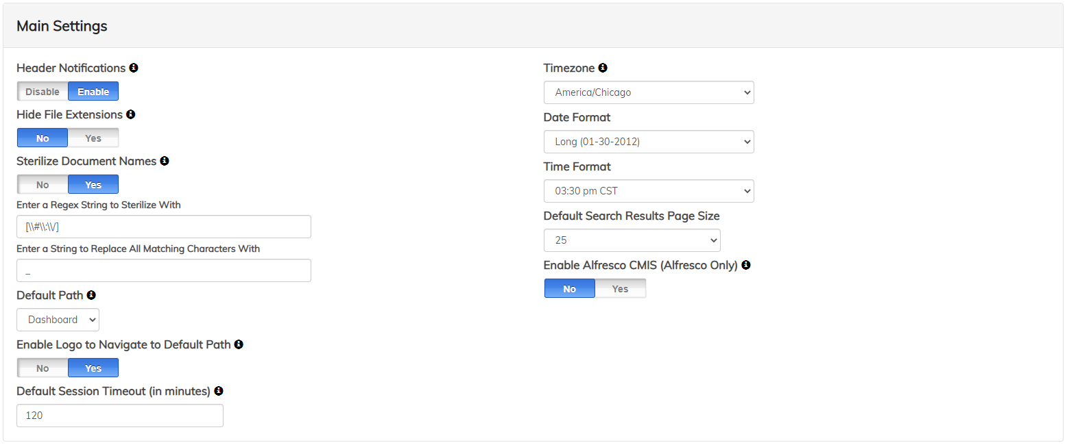 Content Accelerator Admin main settings