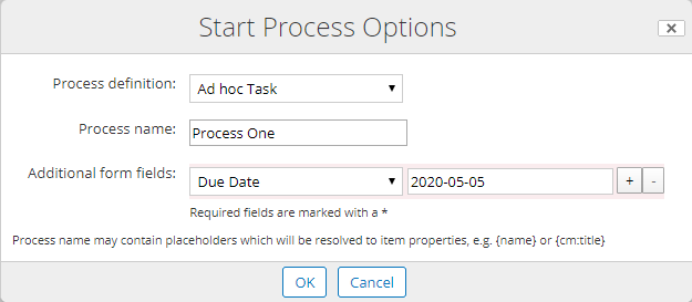 Start Process Options fields