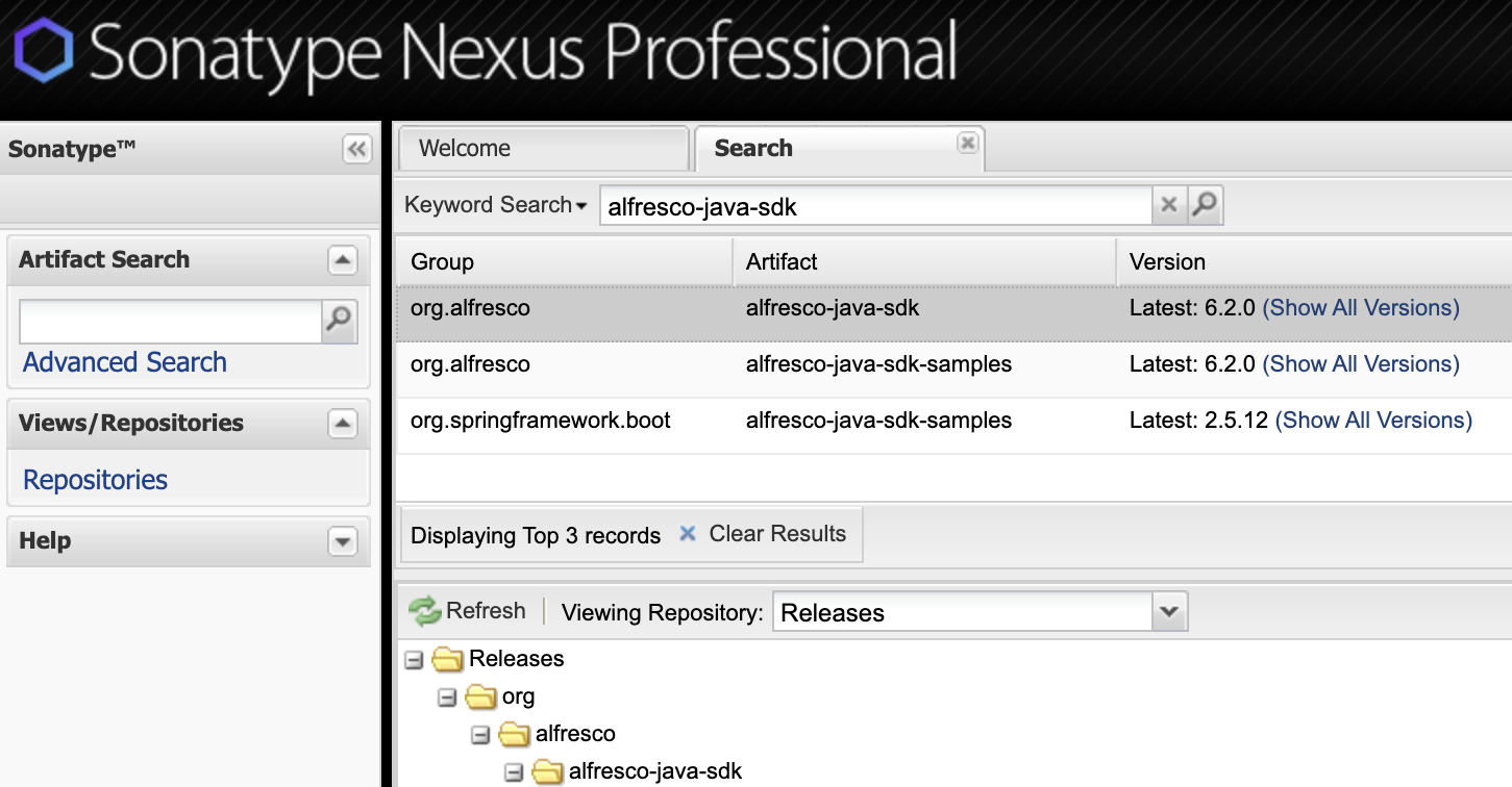 Search Nexus artefacts for alfresco-java-sdk