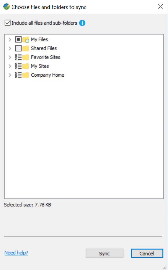 Initial sync selection screen