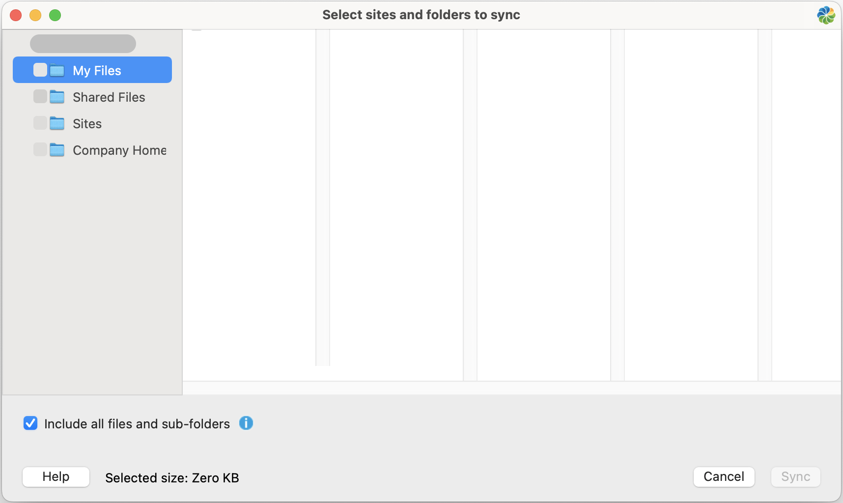 Initial sync selection screen