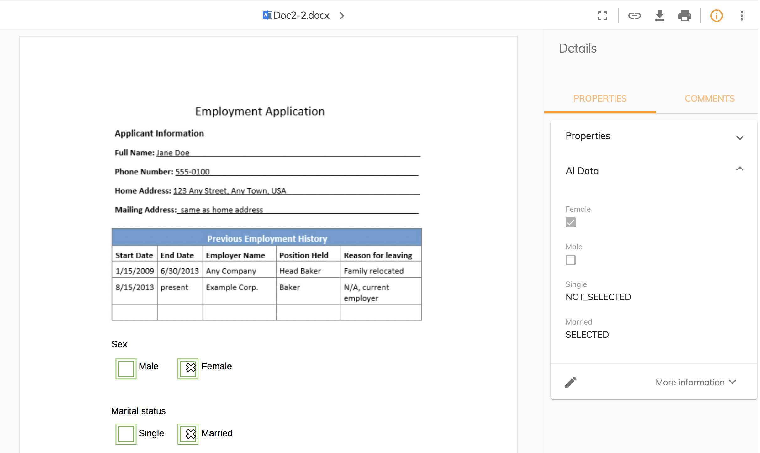 Example of the metadata extracted from a form using checkboxes