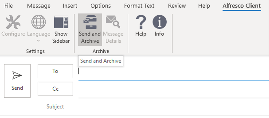 This image shows the Send and Archive button in the Alfresco Client tab