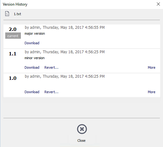 Outlook version history dialog