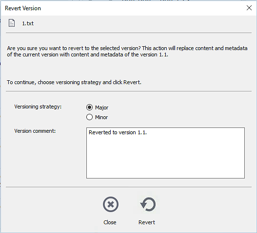 Revert version dialog