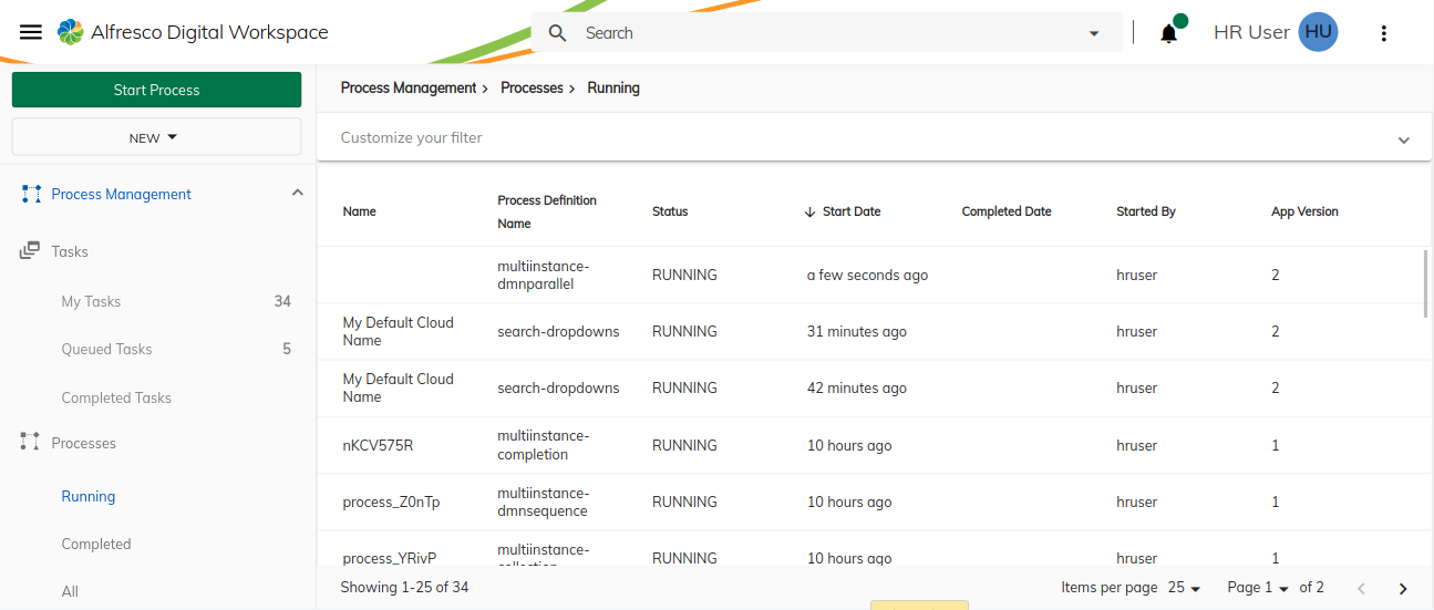 Process list with default columns